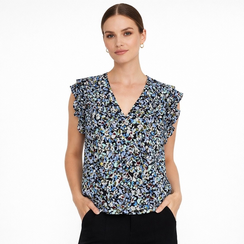 Marie Oliver Floral Blouse Womens XXS Silk Blend Ruffle Top Feminine Office Work